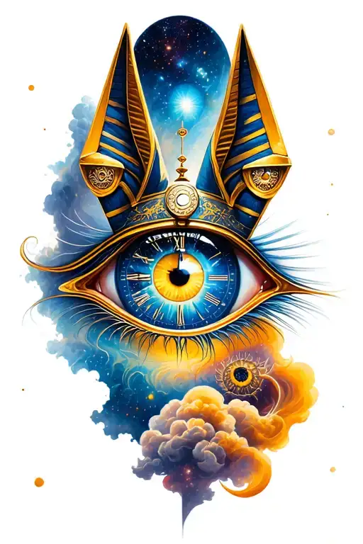 Space With Cosmic Dust Clouds, Anubis with clock in galexy And All Seeing Eye Tattoo tattoo design idea