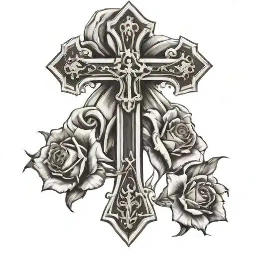 cross, roses, tulips, with a breast cancer ribbon around the cross tattoo design idea