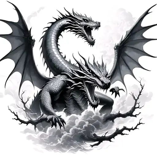 Leviathan, virgin, typhoon, wings, clouds, dragon, fight, Midgar background, human body, storm of the branches tattoo design idea