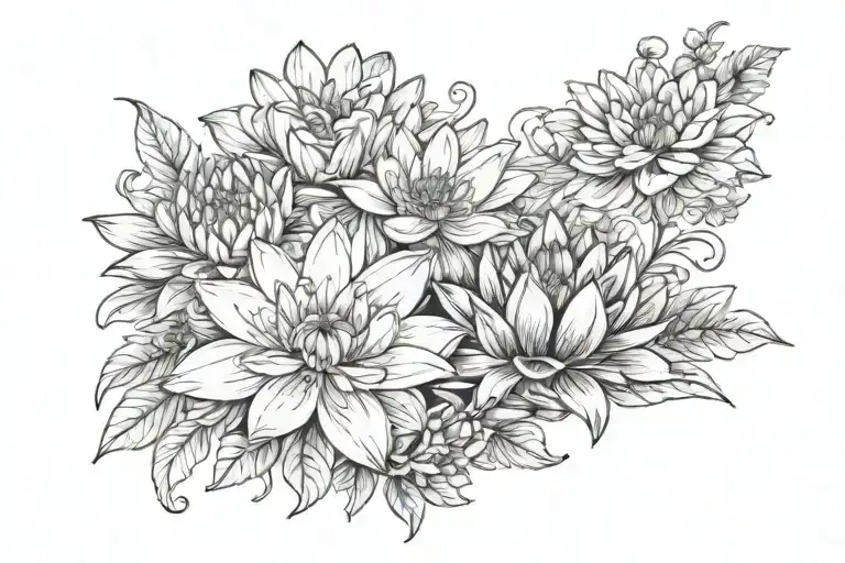 rose water lily marigold and daisy flowers tattoo design idea