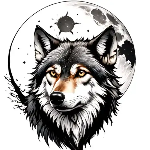 Wolf, moon, shell, tattoo design idea