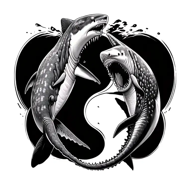 A whale shark and a hammer head shark like chasing eachother in a yin yang  design  tattoo design idea