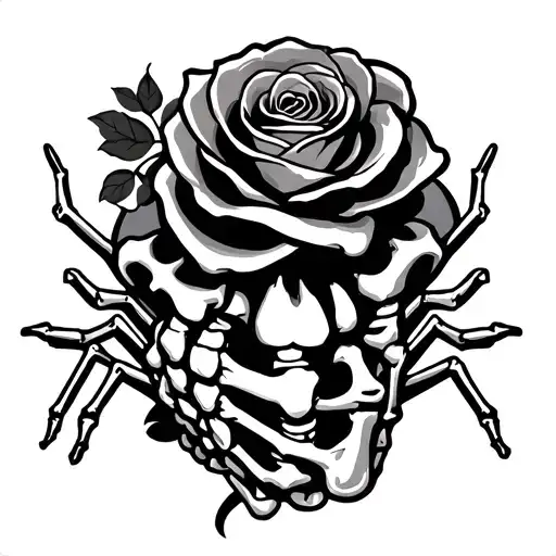 "Jazzy" skeleton hand with rose and spider legs splayed . hand stencil tattoo design idea