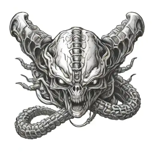 xenomorph alien curled up full body tattoo design idea
