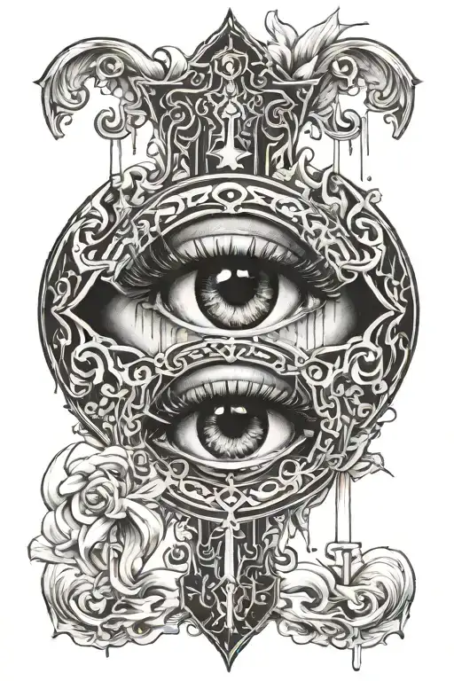 Four angelic or Archangel eye's crying like waterfall over a crucifix. tattoo design idea