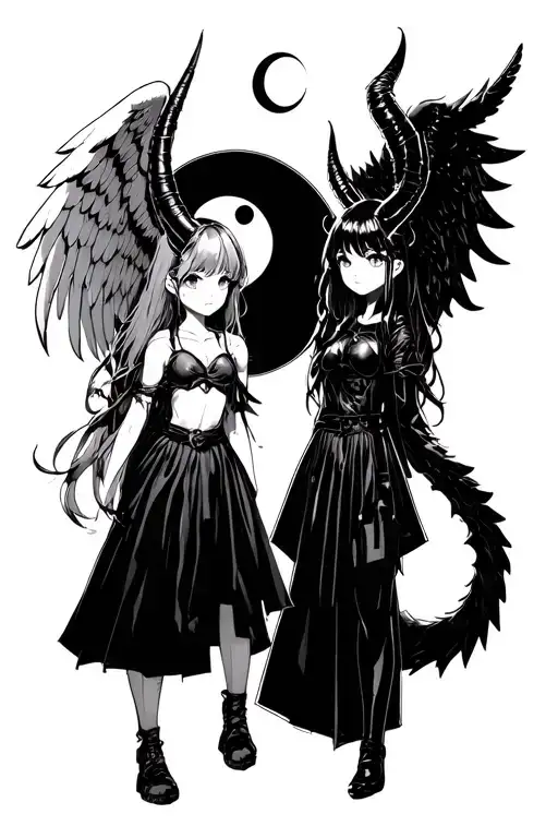 Two anime girls representing yin and yang, one with a glowing angel and secon have demon horns and tail. anime style tattoo design idea