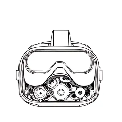 a virtual reality headset, one side vracked open showing steampunk style gears inside tattoo design idea