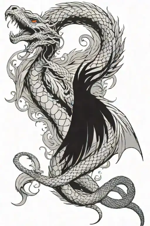 A hissing cobra intertwined with a fire breathing dragon and a phoenix in the air behind them tattoo design idea