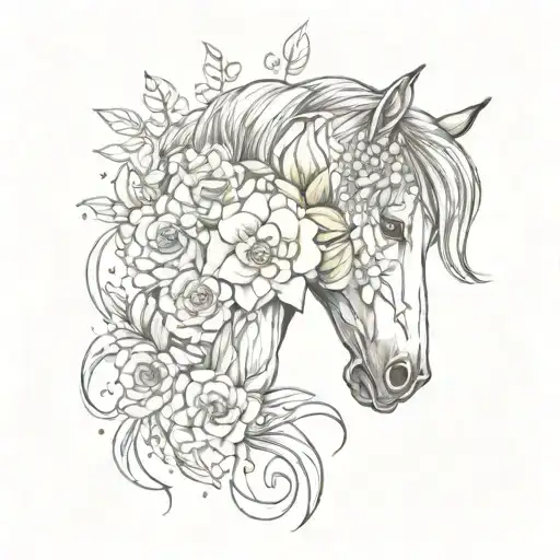 Watercolor flower bouquet horse skul tattoo design idea