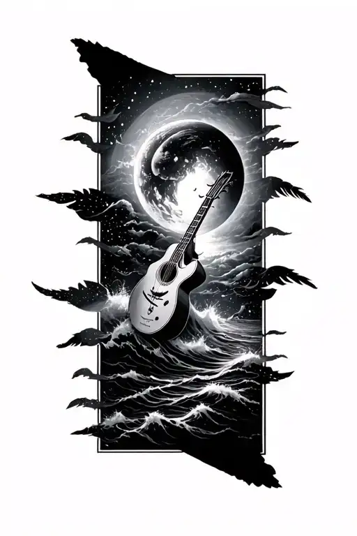 music style tattoo full sleeve with integrated lyrics throughout. I would like it to go from space to the sea tattoo design idea