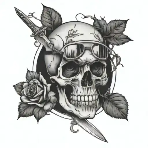 skull with a knife inside, a rose outside and ivy on the glasses tattoo design idea