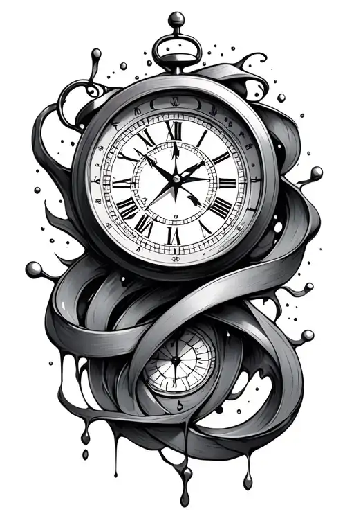 melting clock with compass intertwined tattoo design idea