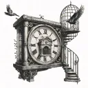 vintage bird cage vintage timeless clock spiral staircase brick path tattoo design idea