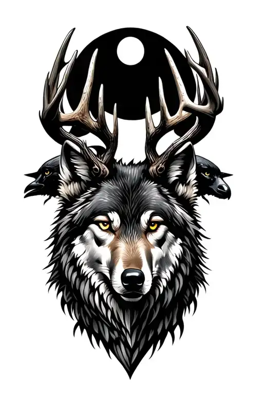 wolf, raven and stag surrounded tattoo design idea
