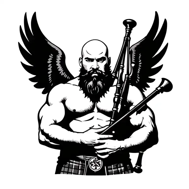 handsome scottish bagpiper bald black beard  muscular wearing pipes in arm big black wings shirtless tattoo tattoo design idea