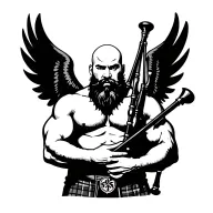 handsome scottish bagpiper bald black beard  muscular wearing pipes in arm big black wings shirtless tattoo tattoo design idea