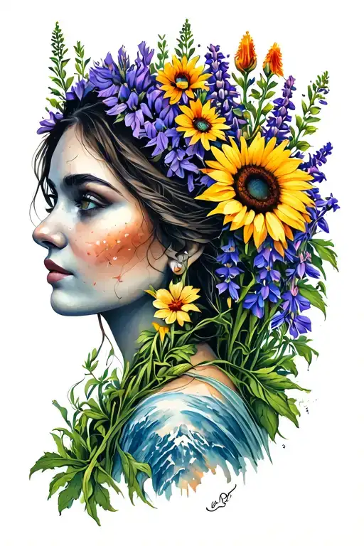Mother Nature woman tattoo with big mountains, bitterroot flowers, lupine, Indian paintbrush, and prairie sunflowers tattoo design idea