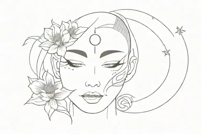 face of a woman with delicate features, with a ktsune mask, flowers and moon tattoo design idea
