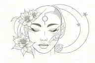 face of a woman with delicate features, with a ktsune mask, flowers and moon tattoo design idea