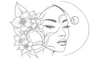 face of a woman with delicate features, with a ktsune mask, flowers and moon tattoo design idea