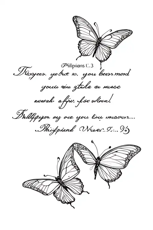 tiny fine line drawing of two butterflies plying around a fine lined saying Philippians 1:3 tattoo design idea