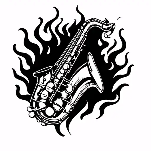 saxaphone with flames surrounding tattoo design idea