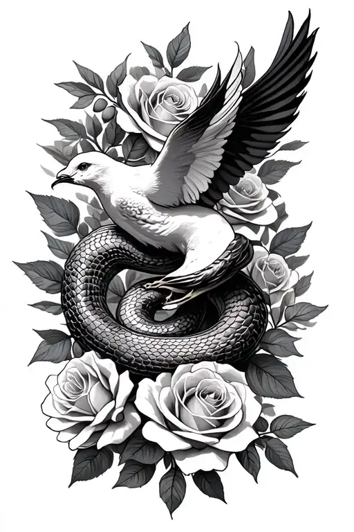 serpent and dove intertwined surrounded by roses and olive leaf  tattoo design idea
