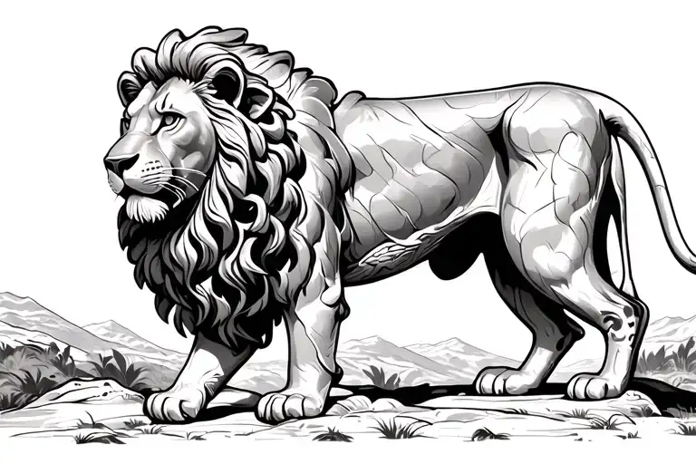 A majestic and imposing lion, sitting on all four paws, with the appearance of a stone statue, looking into the horizon. tattoo design idea