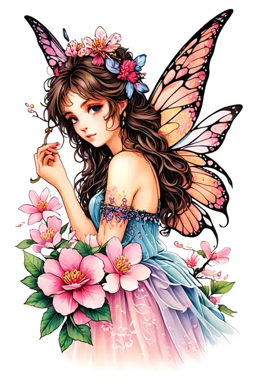 Fairy with Sakura Flower tattoo design idea