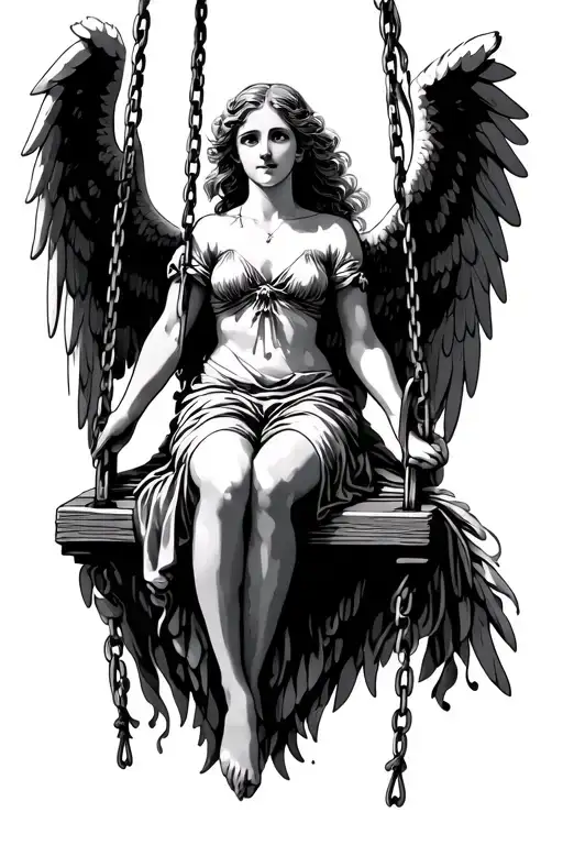 beautiful angel with clothes who is on a swing hanging tattoo design idea