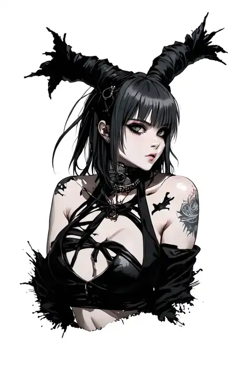 Himiko Toga in a seductive pose, mischievous gaze, torn punk-goth outfit.Sharp lines, deep shadows. tattoo design idea