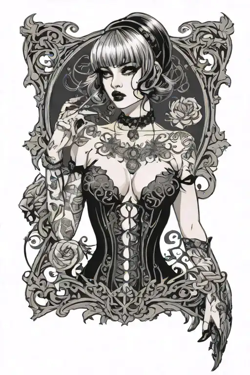 Sexy girl, Huge boobs, cleavage, petite, torn clothing, short white bob hairstyle, waist up view tattoo design idea