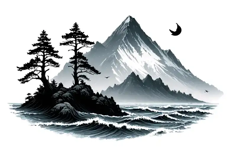 mountain birds trees ocean tattoo design idea
