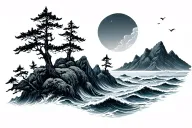 mountain birds trees ocean tattoo design idea