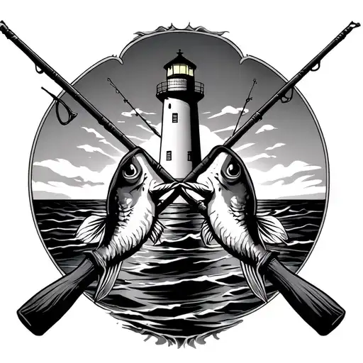 two crossing deep sea fishing rods with sunset of montauk point lighthouse behind them tattoo design idea