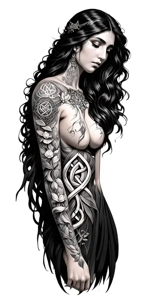 Hecate Goddess inspired sleeve featuring the witches knot and other symbols of protection with laurels and plants tattoo design idea