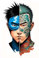 Zuko from Avatar: The Last Airbender, split-face portrait: left side shows his scarred face other blue mask tattoo design idea