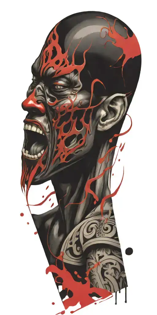 character screaming wearing oni mask fighting off inner demons  tattoo design idea