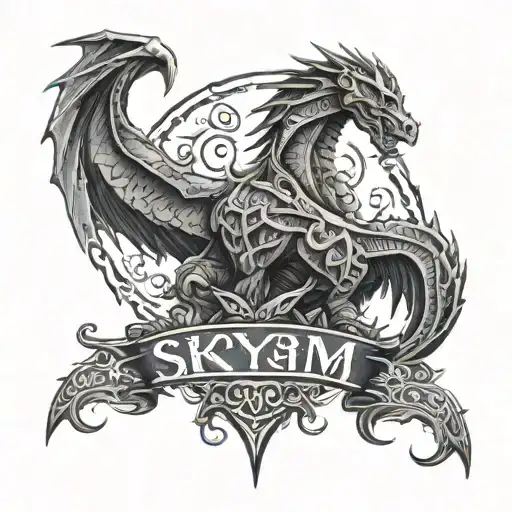Skyrim themed shoulder tattoo with the following names written in dragonscript Sarah, Alex and Rory tattoo design idea