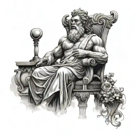 In this image, Zeus, the king of the Greek gods, is shown sitting majestically on his throne. His figure is imposing. tattoo design idea