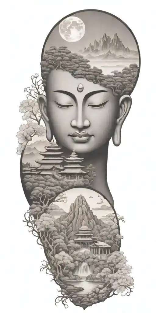 spiritual buddhist inspired tattoo featuring a traditional scenary and nature including spiritual elements and budda tattoo design idea