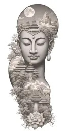 spiritual buddhist inspired tattoo featuring a traditional scenary and nature including spiritual elements and budda tattoo design idea