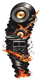 tornado of rock music record player, concert speakers, microphone  tattoo design idea