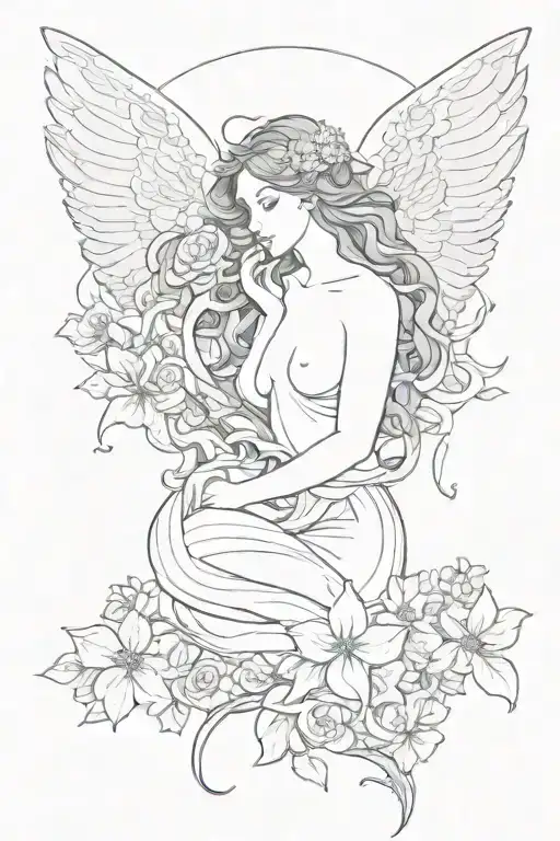angel,flowers,snake tattoo design idea