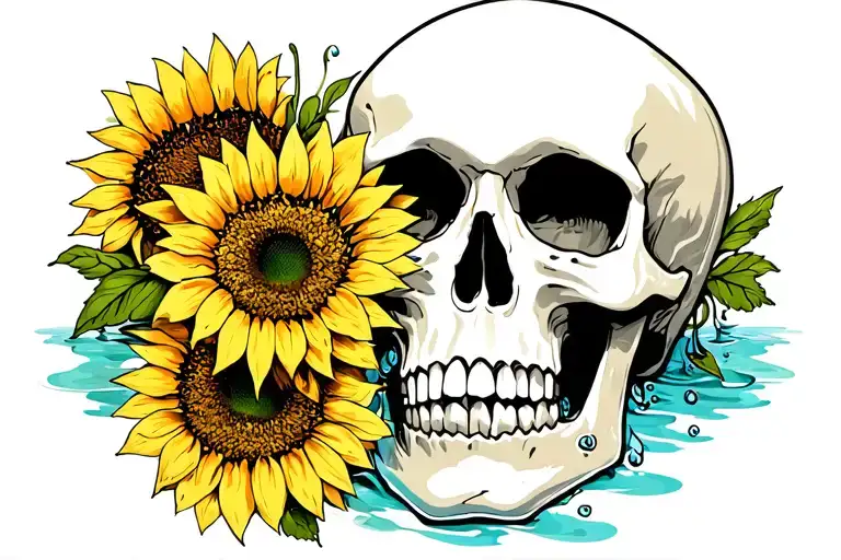 skull with sunflowers and water  tattoo design idea