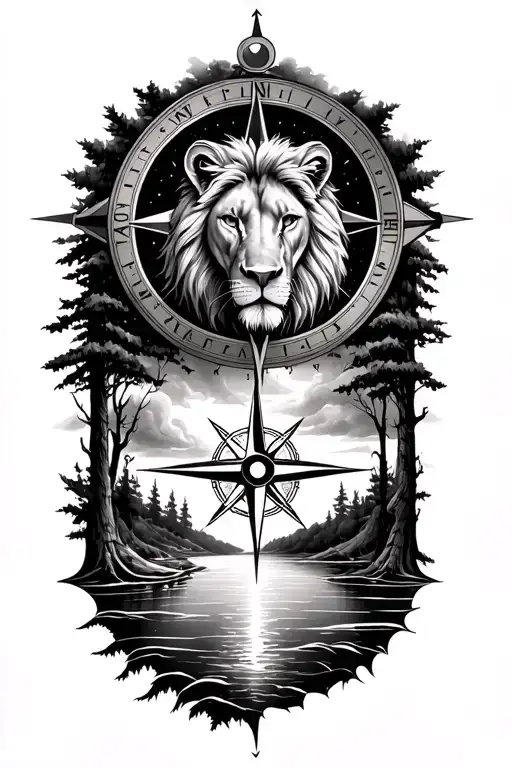 inner forearm tattoo of a detailed compass with trees and water beneath it and a lions head inside the compass  tattoo design idea