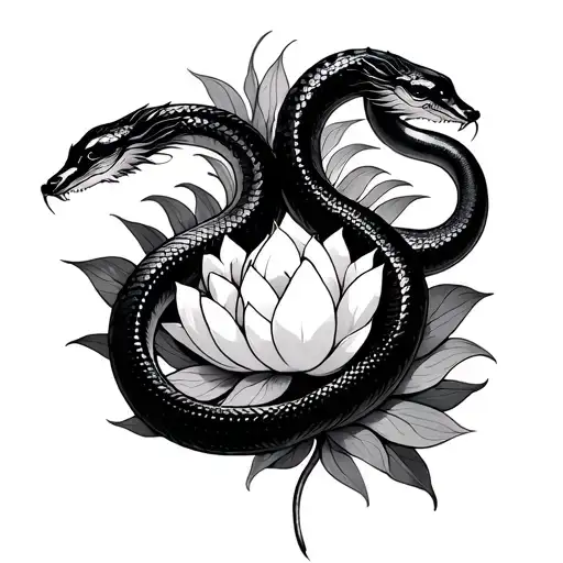 gemini zodiac symbol using 2 cobras intertwined include lotus flowe tattoo design idea