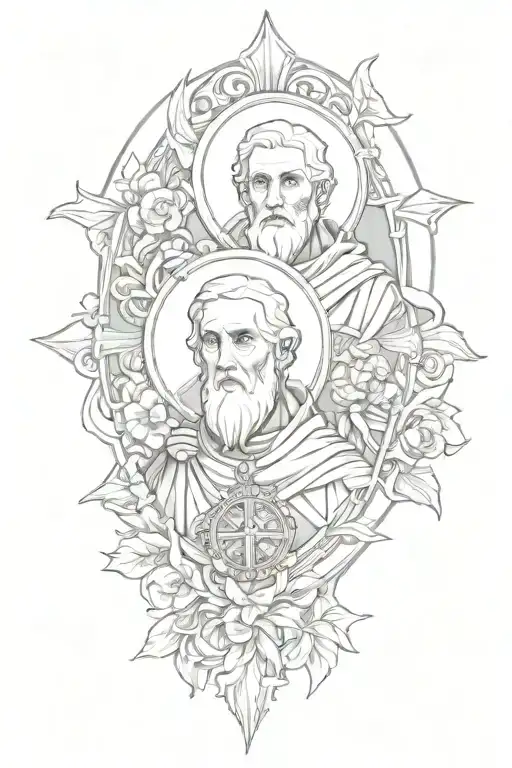 create a sketch tattoo of st. Mikael and Saint Benedict medals and ornaments to fill the gaps in portrait size for full  tattoo design idea