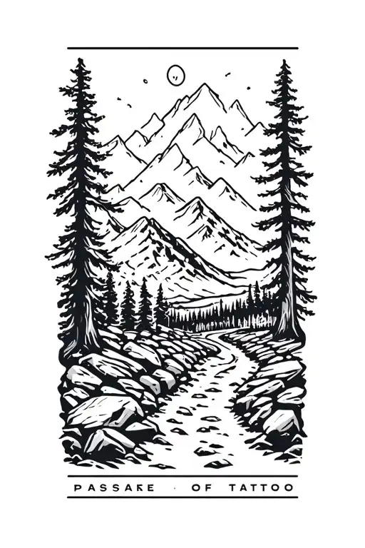 Appalachian Trail winding through forest and mountains with imagery of rock/boulder, thunder, and the passage of time. tattoo design idea