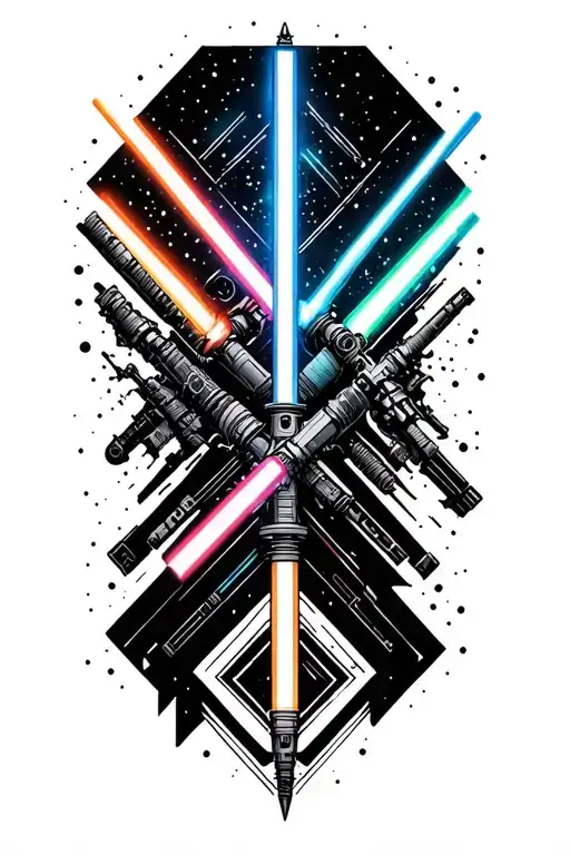 An abstract geometric design incorporating elements from all the different lightsabers in a neotraditional style tattoo design idea